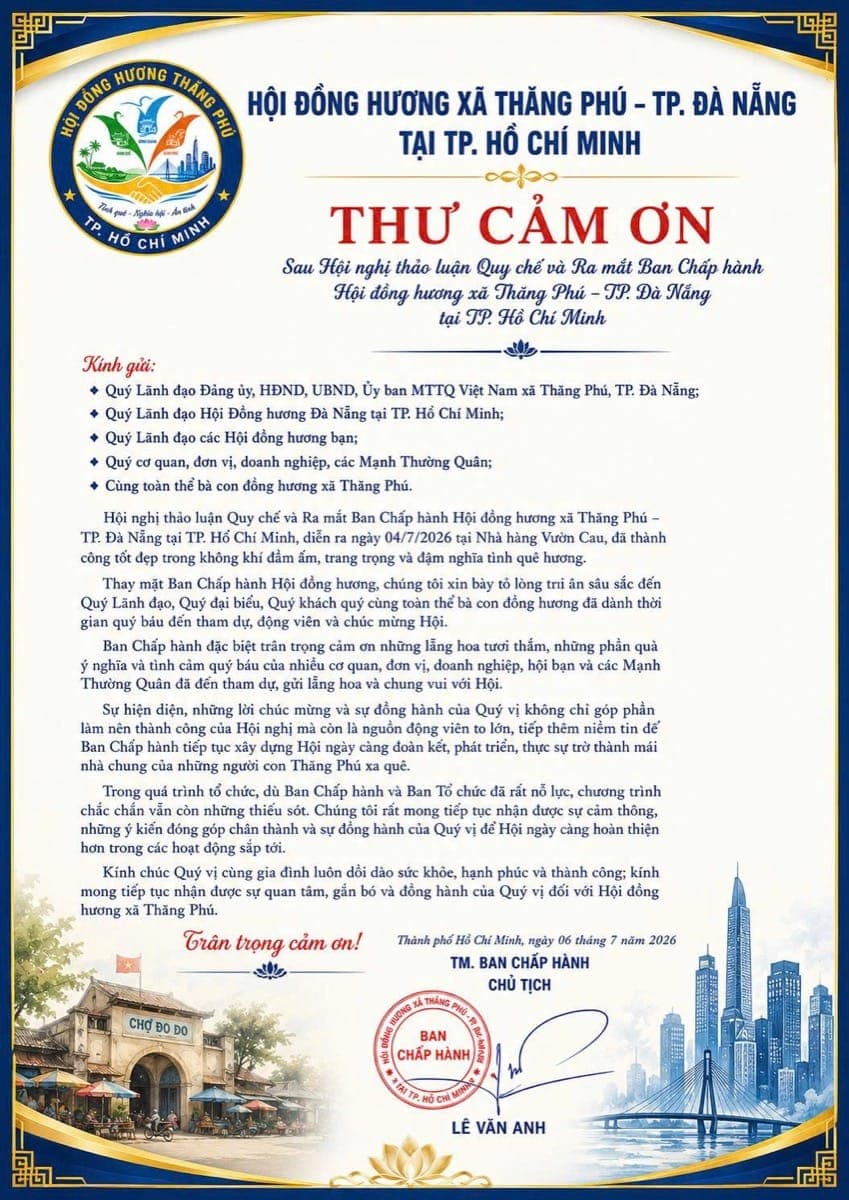 Thư cảm ơn của Chủ tịch Lê Văn Anh gửi bà con