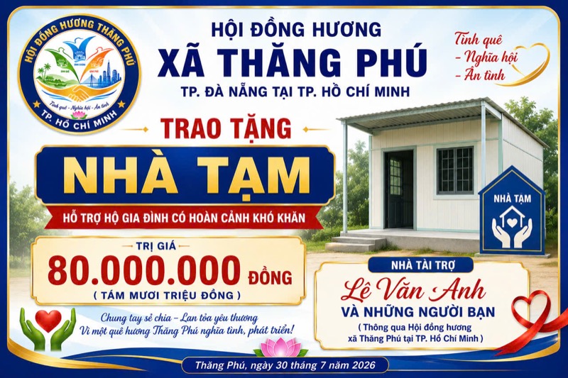 Lê Văn Anh và bạn bè tài trợ 80 triệu xây nhà cho hộ khó khăn tại Thăng Phú